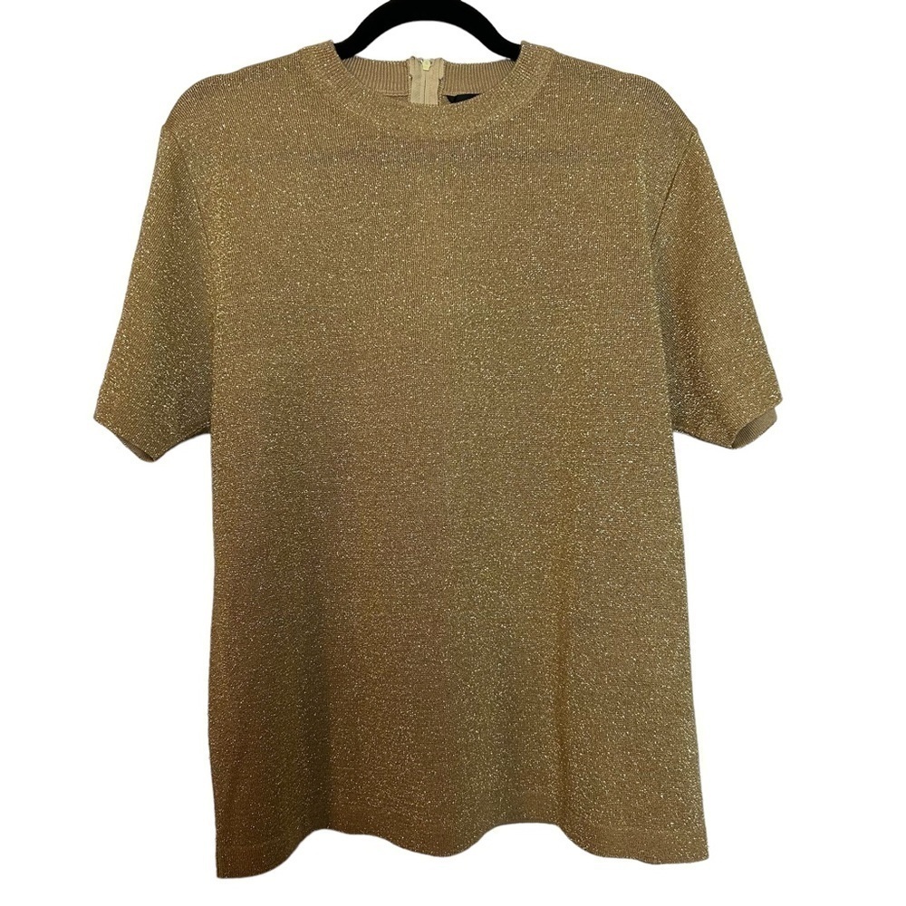 Vintage Rochelle Gold Metallic Short Sleeve Back Zip Top - Picture 1 of 9
